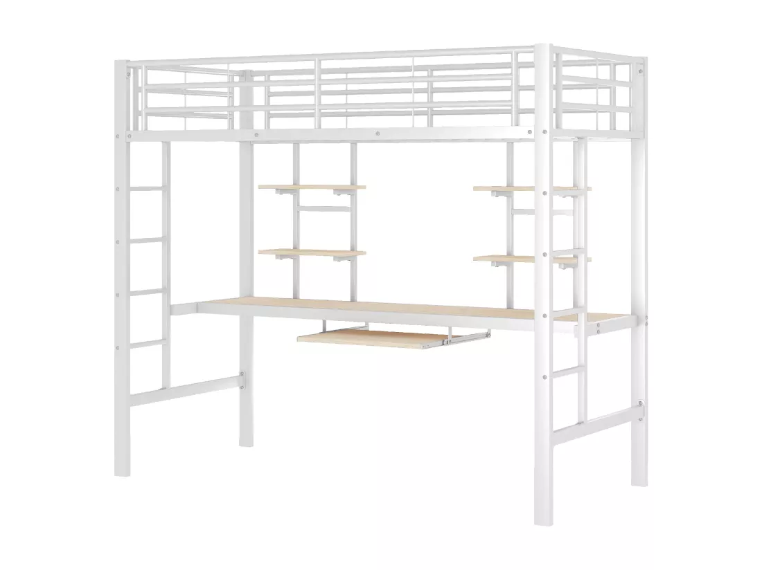 Lit mezzanine 90 x 200 cm avec bureau et 2 étagères - Métal - Sommier à lattes - Blanc (sans matelas)