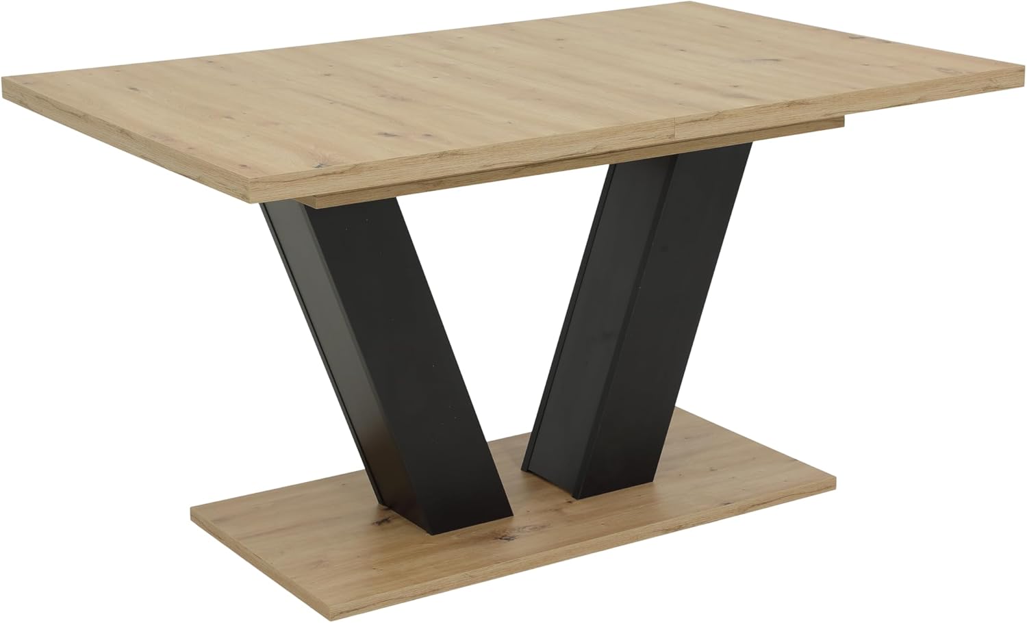 Hela Tische, Ausziehbarer Esstisch Hamm, Dekor Artisan Eiche und Schwarz, 140-180 x 90 cm, V-förmiges Gestell, Synchronauszug, Melaminbeschichtung und ABS Kante