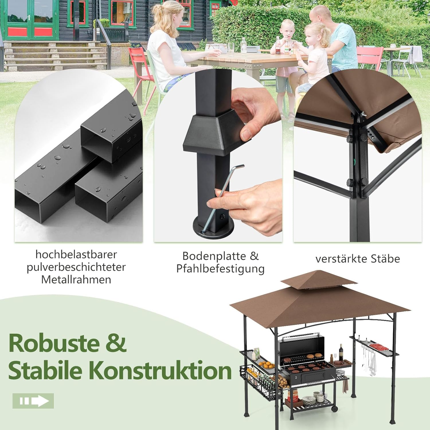 COSTWAY Grillpavillon mit Doppeldach, Seitenregalen, Metallkorb, Haken und Flaschenöffner, Grillüberdachungen wetterfest, Grillunterstand für Garten, Außenbereich, 242 x 153 x 250 cm (Braun)