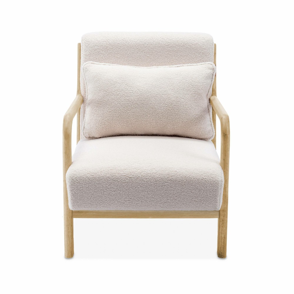 Fauteuil à bouclettes blanches. Bois et tissu. 1 place droit fixe. Pieds compas scandinave. Structure en bois solide. Assise