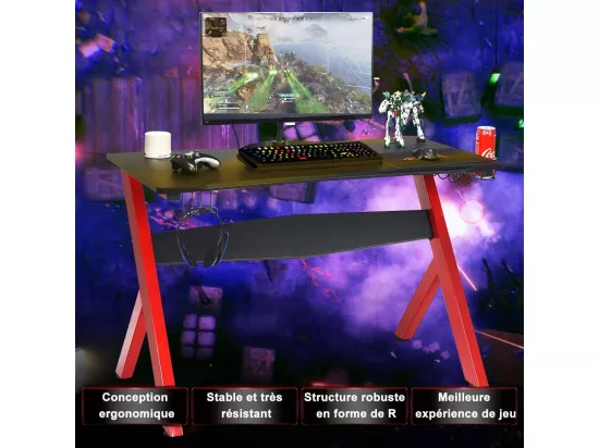 Bureau Gamer 60 x 115 cm, Tapis de Souris, Support pour Ecouteurs et Support pour Tasse, Porte-Gobelet, Surface en Fibre de Carbone et Cadre en Acier, Table de Gaming pour E-Sport, Noir+Rouge