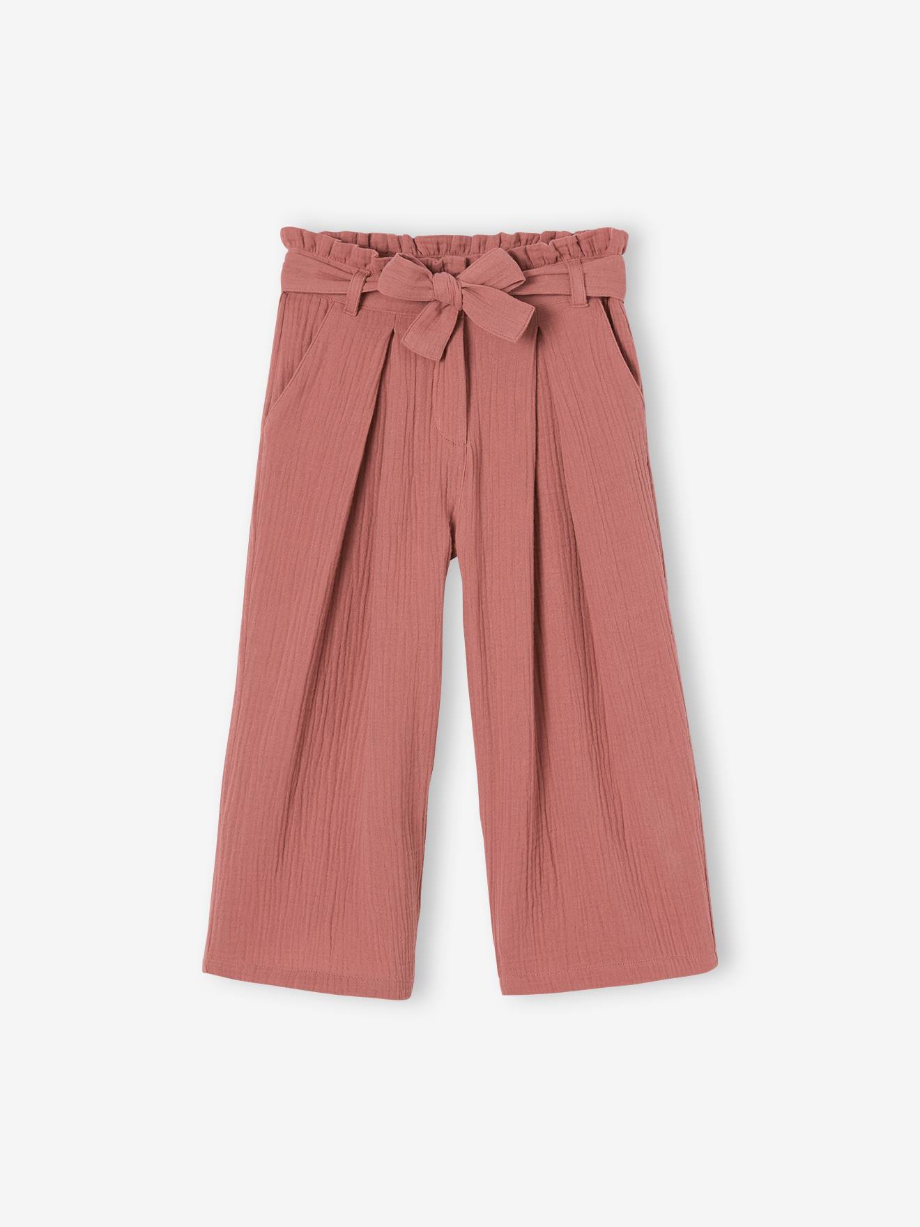 Calça cropped de chiffon de algodão estilo paperbag, com pernas largas, para meninas, na cor rosa antigo.
