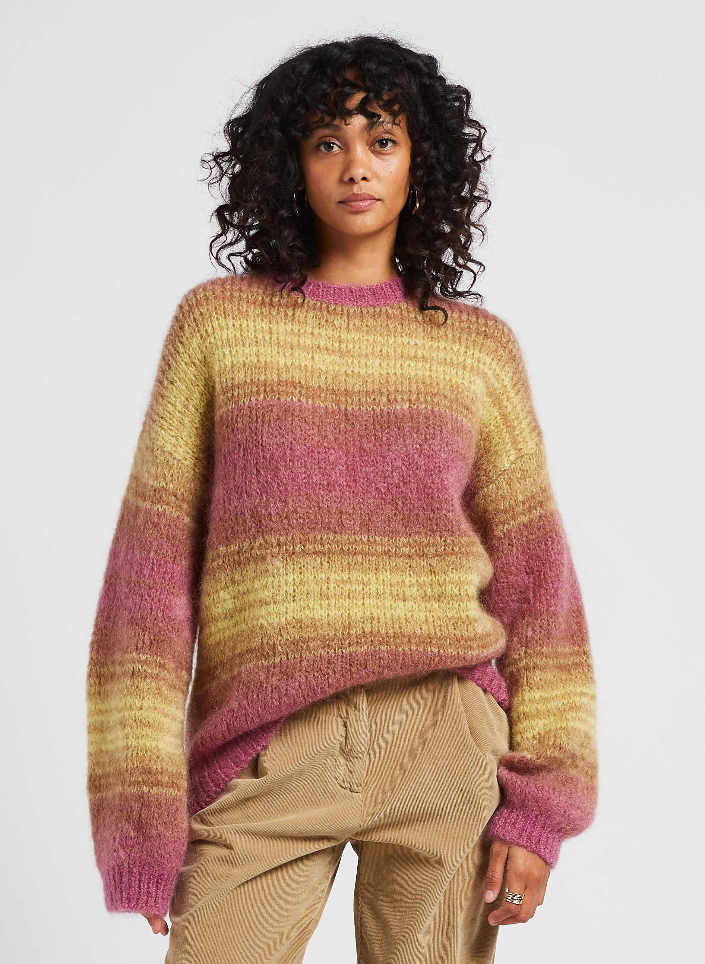 Pull col rond rayé en mohair mélangé| Multicolore