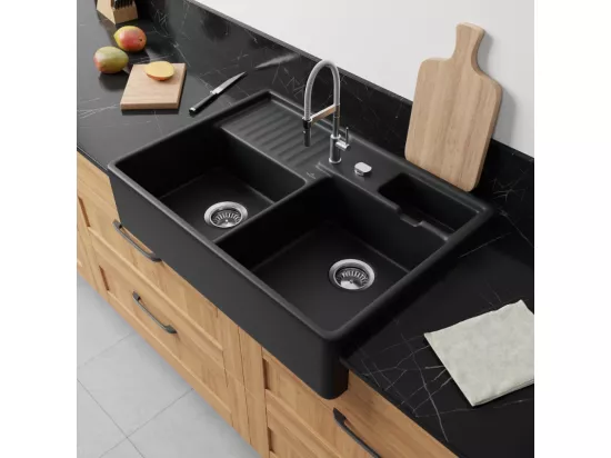 Evier 2 cuves timbre office VILLEROY ET BOCH Tradition Pure Black CeramicPlus avec vidage automatique