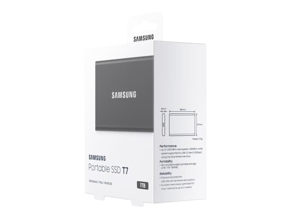 Samsung T7 MU-PC1T0T - SSD - kryptert - 1 TB - ekstern (bærbar) - USB 3.2 Gen 2 (USB-C kontakt) - 256-bit AES - titangrå