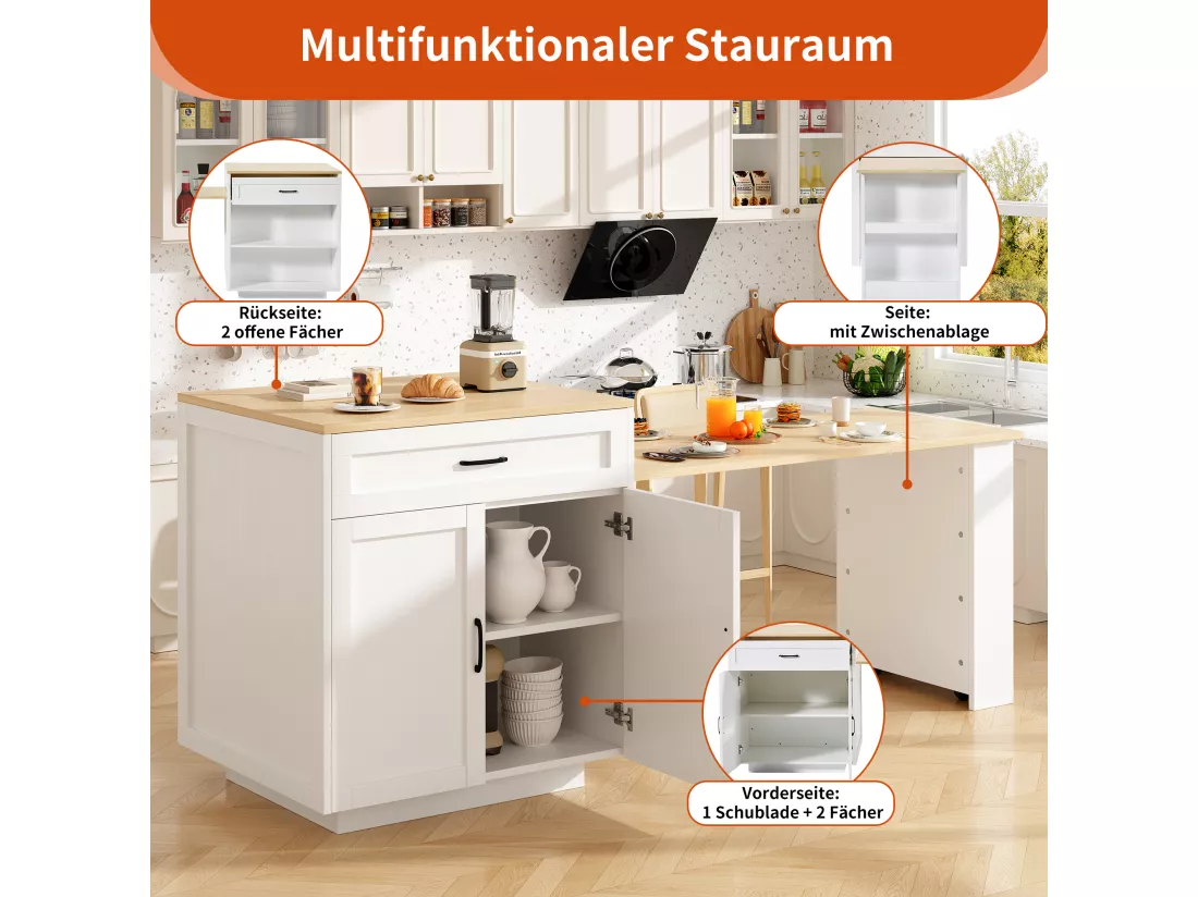 Îlot de cuisine moderne - 133-202 x 70 x 93,5 cm - 2 tiroirs et 2 compartiments pour 2-6 personnes, MDF, Blanc