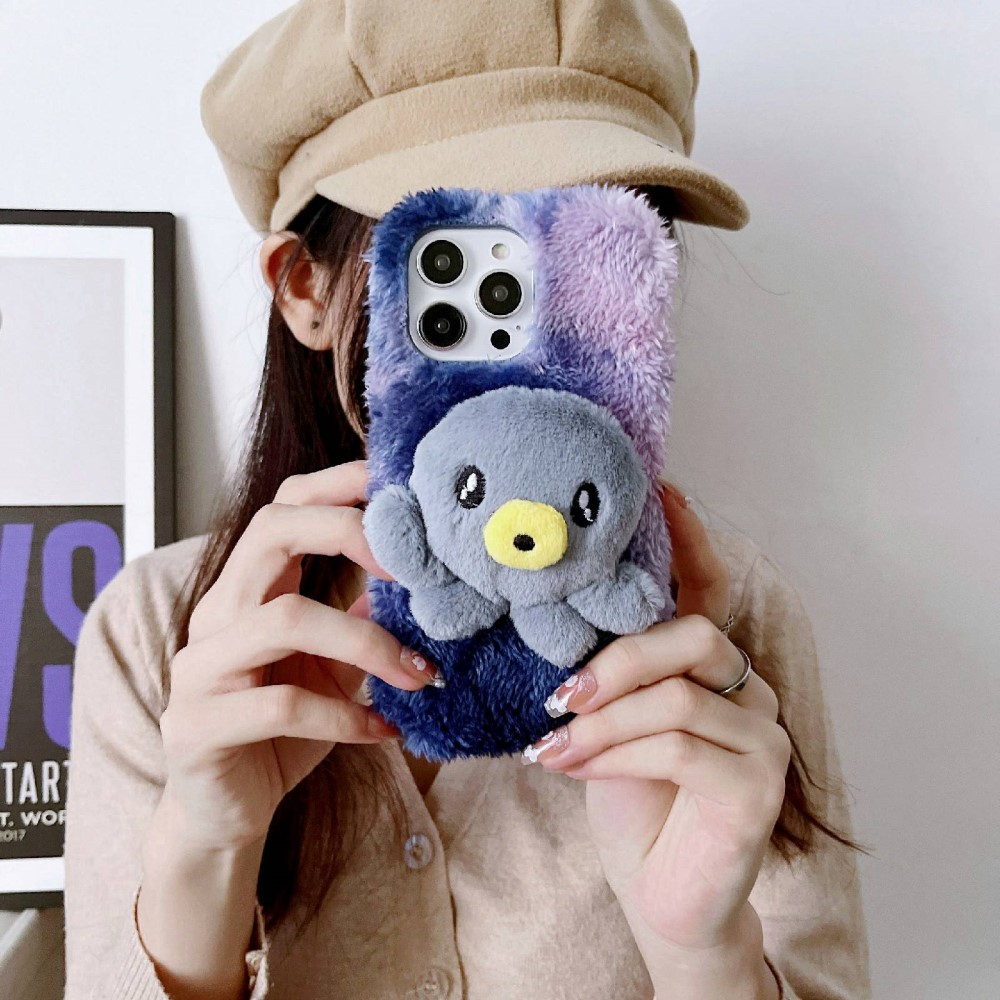 iPhone 14 Pro Max 3D Gummi Plüsch Case Hülle mit Flauschigem Oktopus - Lila / Grau