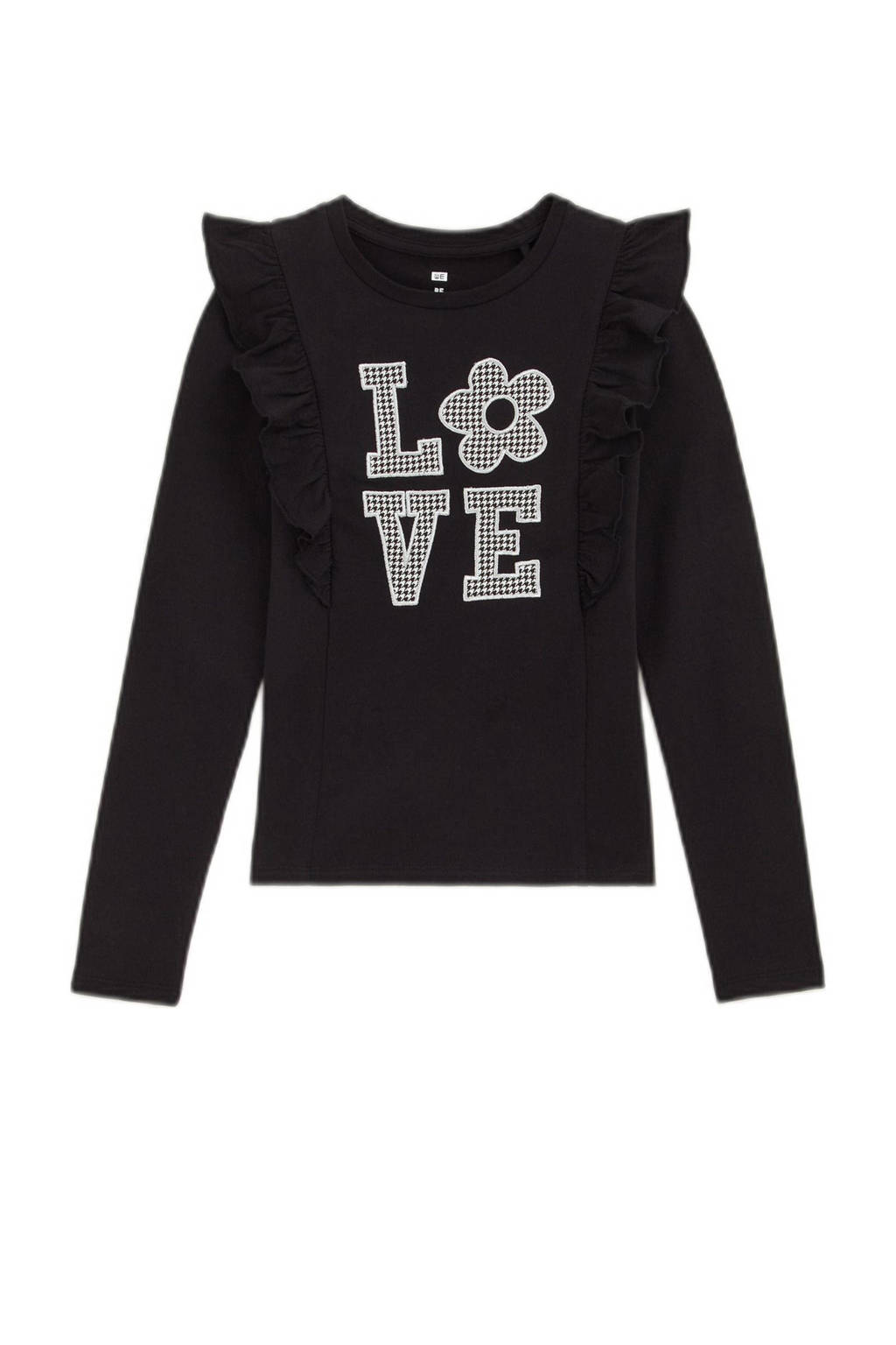 WE Fashion longsleeve met printopdruk en ruches zwart/wit
