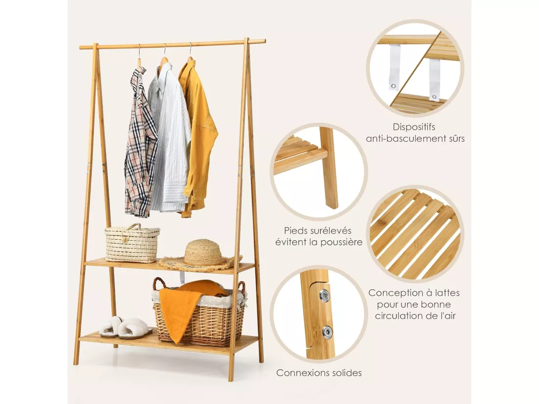 Portant à Vetement en Bambou, Penderie Vetement Tringle 101cm, 2 Étagères, Porte Vetement Solide pour Chambre, Buanderie （Jaune）