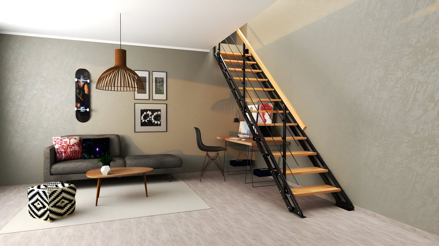 HANDYSTAIRS rechte trap “Synth2” – metalen trap (zwart) met 7 treden van dennenhout – hoogte 1486 – 1696 mm