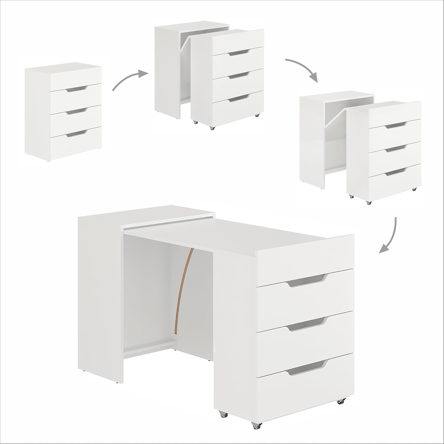 KOMTO Schreibtisch Weiß mit 3 Schubladen – Computertisch, Klappschreibtisch mit Stauraum, PC Tisch, Bürotisch für kleine Räume | Table FOLDY2 128 x 60 x 75 cm