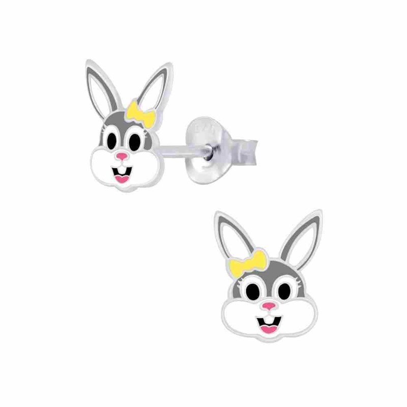 Boucle d'oreille lapin jaune et gris en argent 925/1000