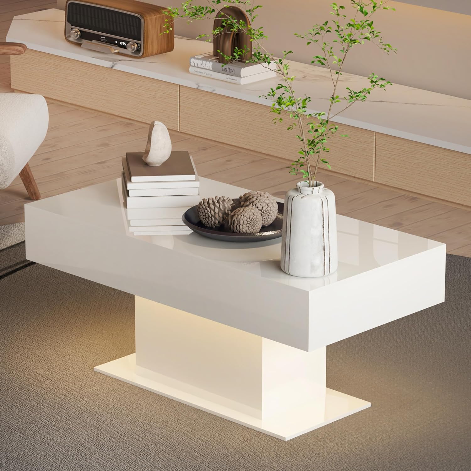 Couchtisch Wohnzimmertisch Hochglanz, Sofatisch mit LED Beleuchtung modern für Wohnzimmer, 110 x 55 x 50 cm (Weiß)