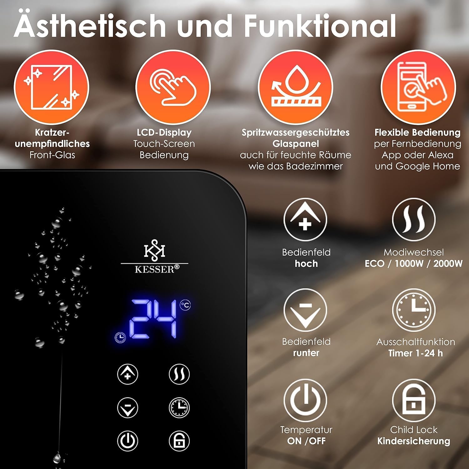 Kesser® Elektro Glasheizung Konvektor Elektroheizung Heizung Heizkörper (Schwarz)
