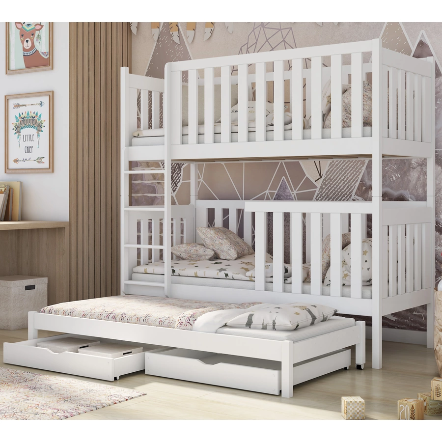 Kids Collective Hochbett 80x180 | 90x200 mit Ausziehbett Etagenbett mit Ausziehfunktion, Schubladen weiß