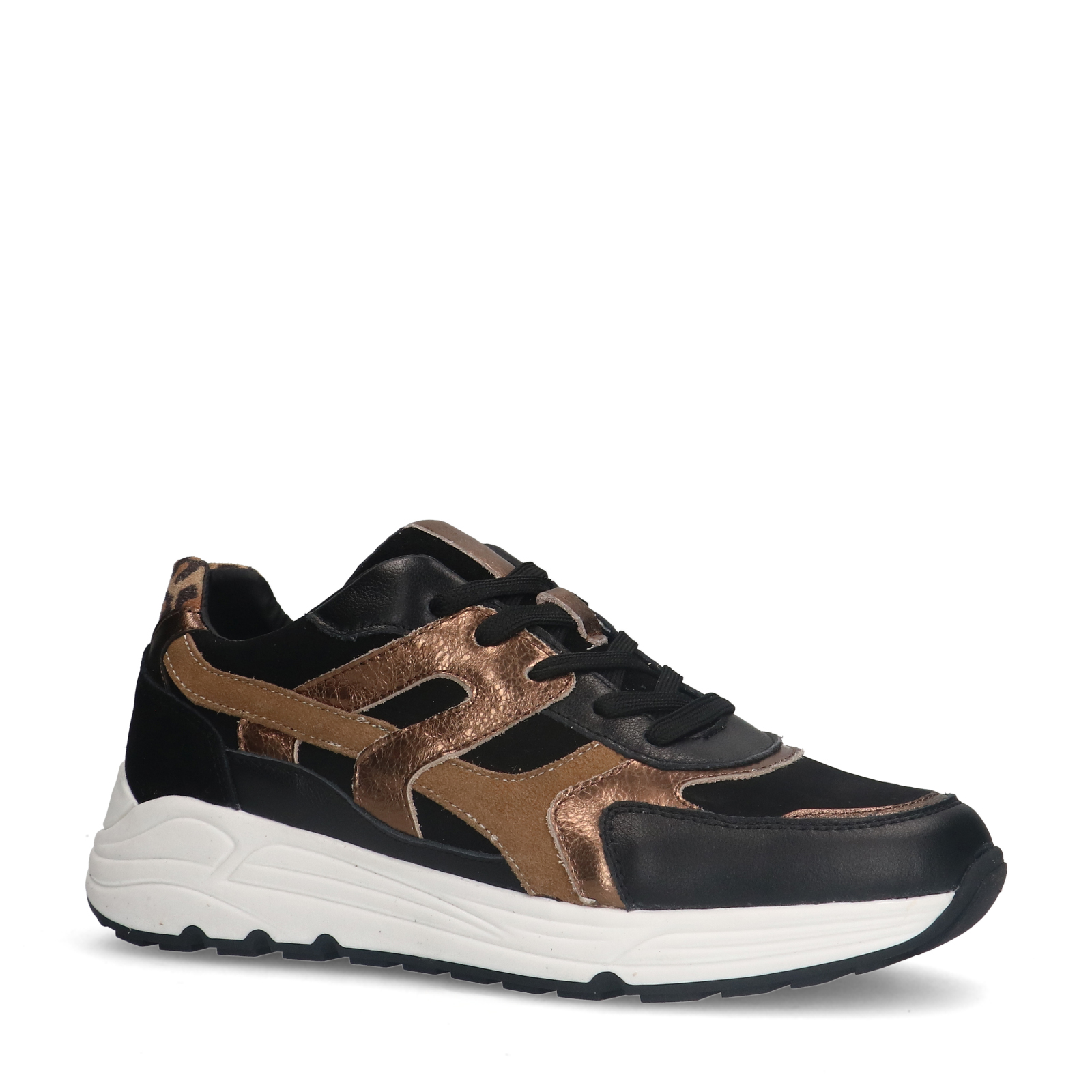 Zwarte leren sneakers met bruine details