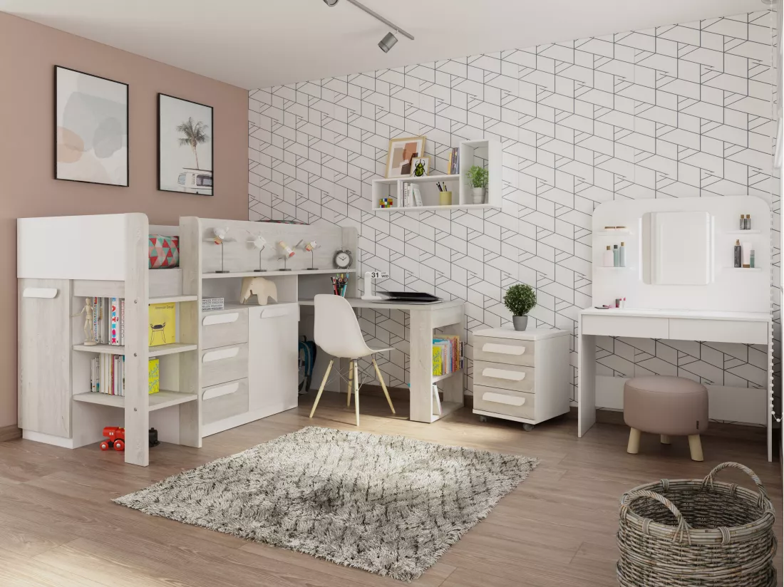 Lit combiné 90 x 200 cm - Avec bureau et rangements - Blanc et naturel + Matelas - LOUKALA