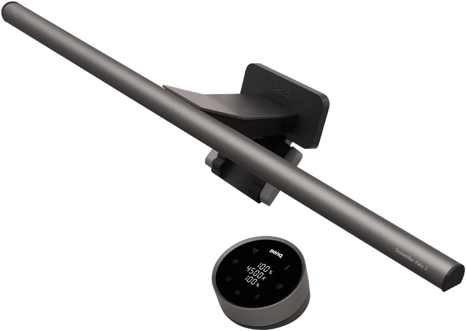 BenQ ScreenBar Halo 2 – LED Monitorlampe mit kabellosem Controller, blendfreiem Licht, einstellbarer Helligkeit & Farbtemperatur, augenschonend, USB-betrieben