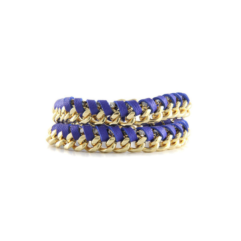 Ettika - Bracelet en Or Jaune, Cristal et Rubans Cuir Tressés Bleu