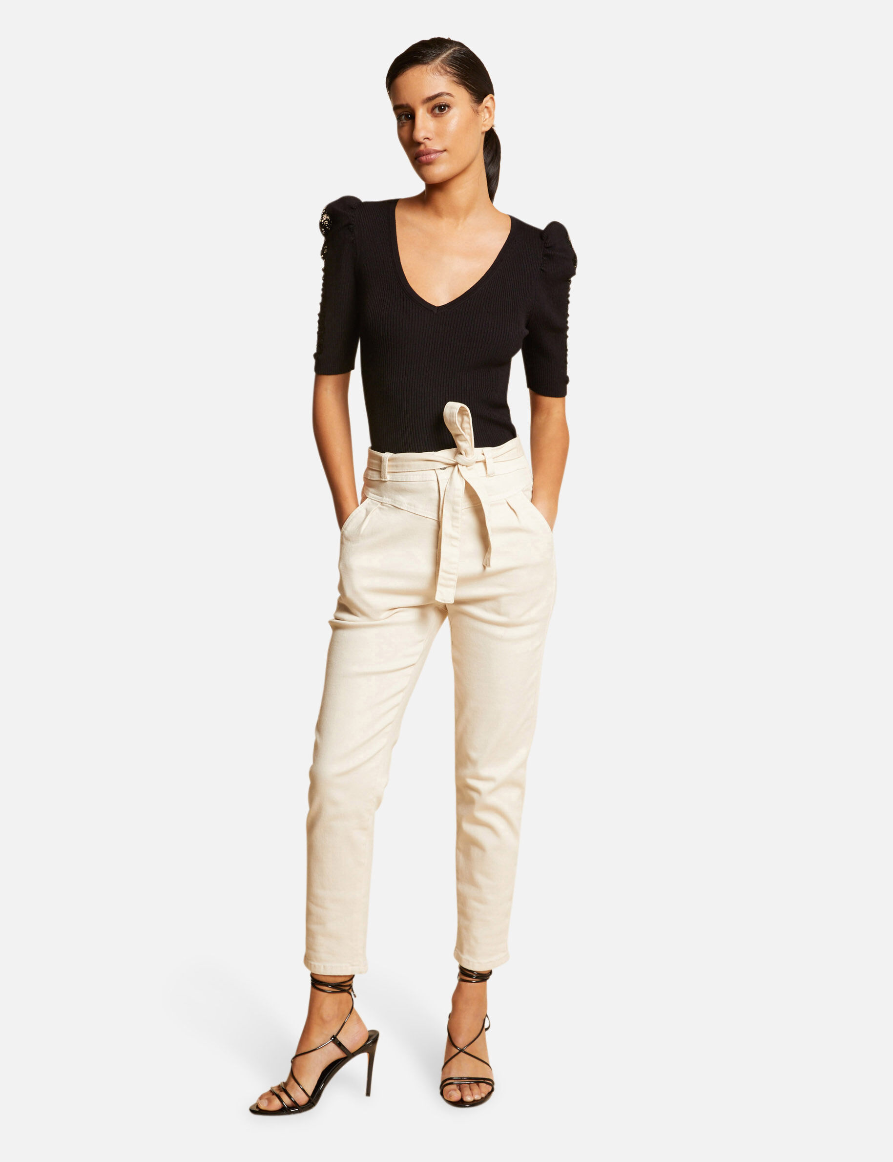 Pull manches courtes avec dentelle noir femme - noir