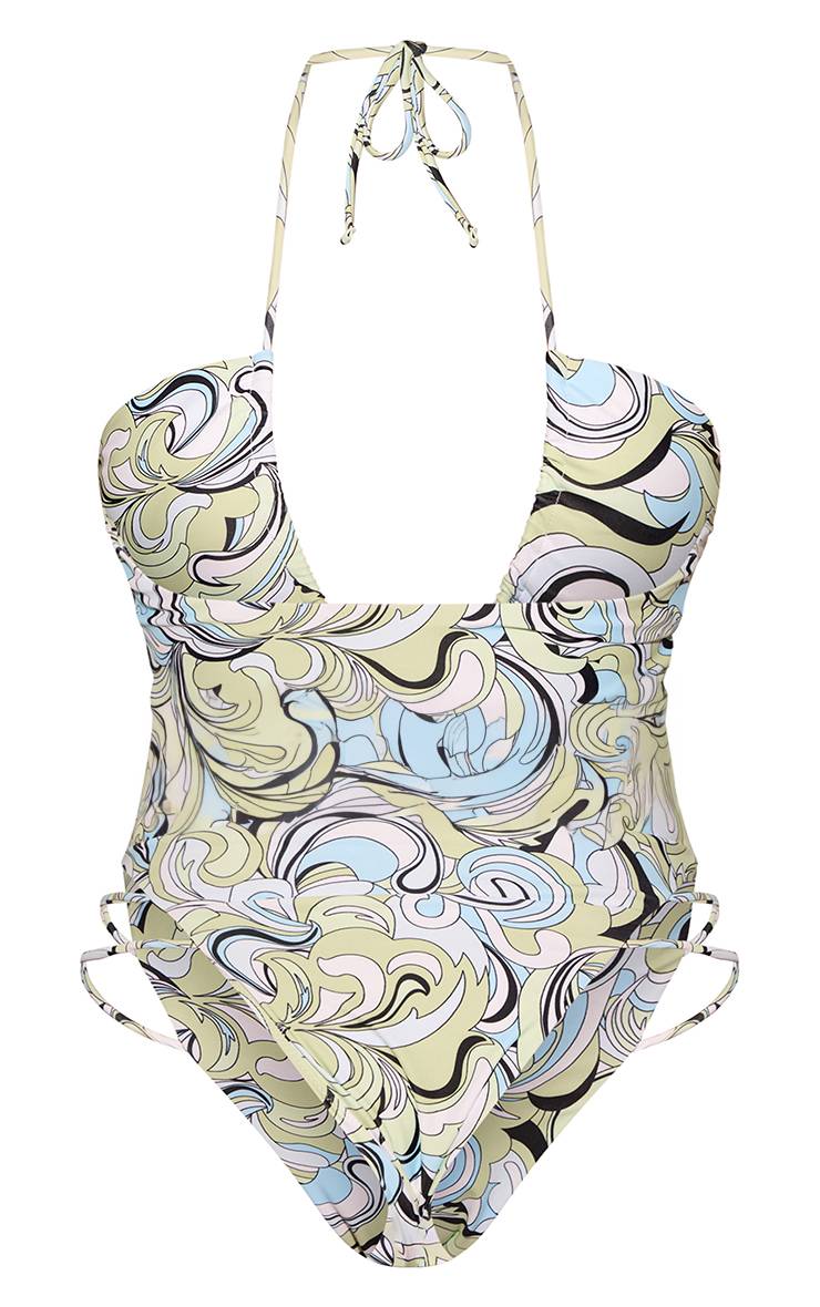 Vert Maillot De Bain Sculptant À Imprimé Abstrait Avec Encolure Licou Ornée De Perles