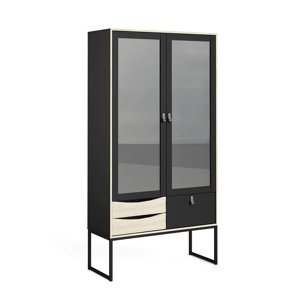Hioshop Sady vitrinekast 2 glazen deuren- 3 lades mat zwart- eiken decor