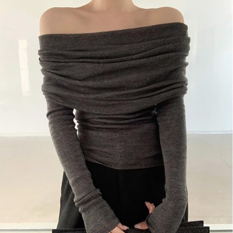Maido - Lange mouwen off-shoulder effen gebreide top