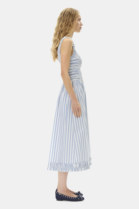 Ganni Stripe Cotton Midi Strap Smock Dres Egret