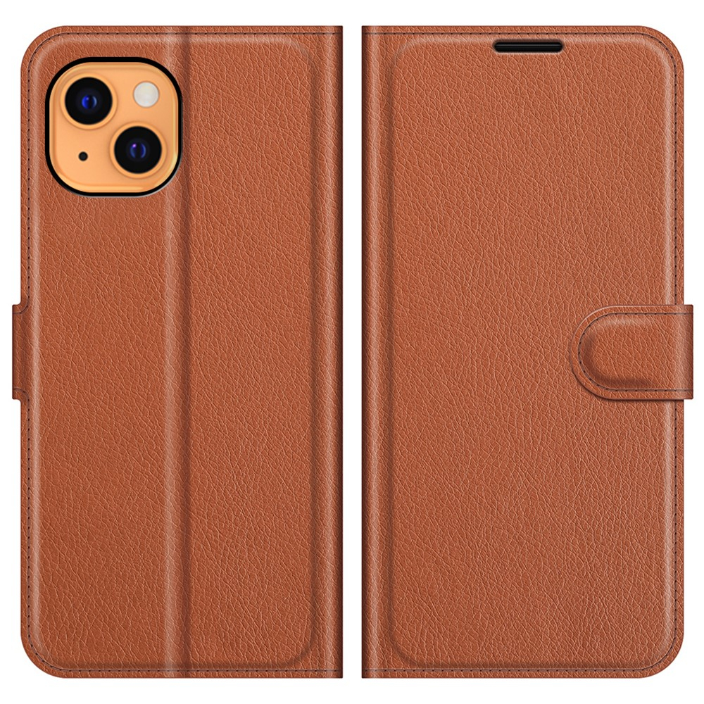 iPhone 13 Leder Tasche Flip Cover Litchi Look - Braun