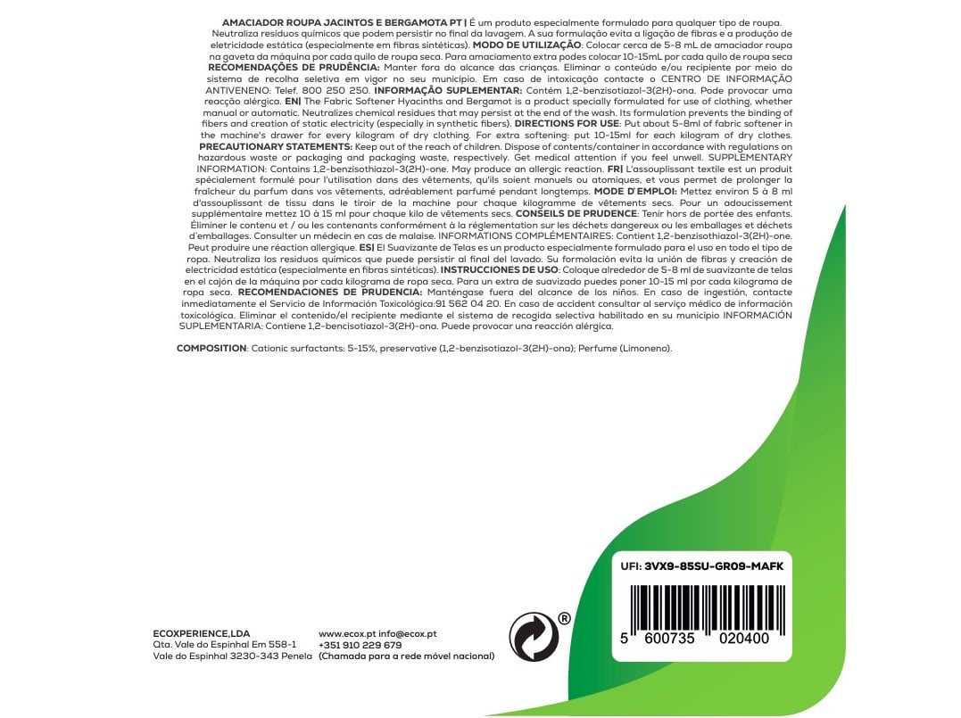 AMACIADOR CONCENTRADO ECOX JACINTOS E BERGAMOTA 34DOSES