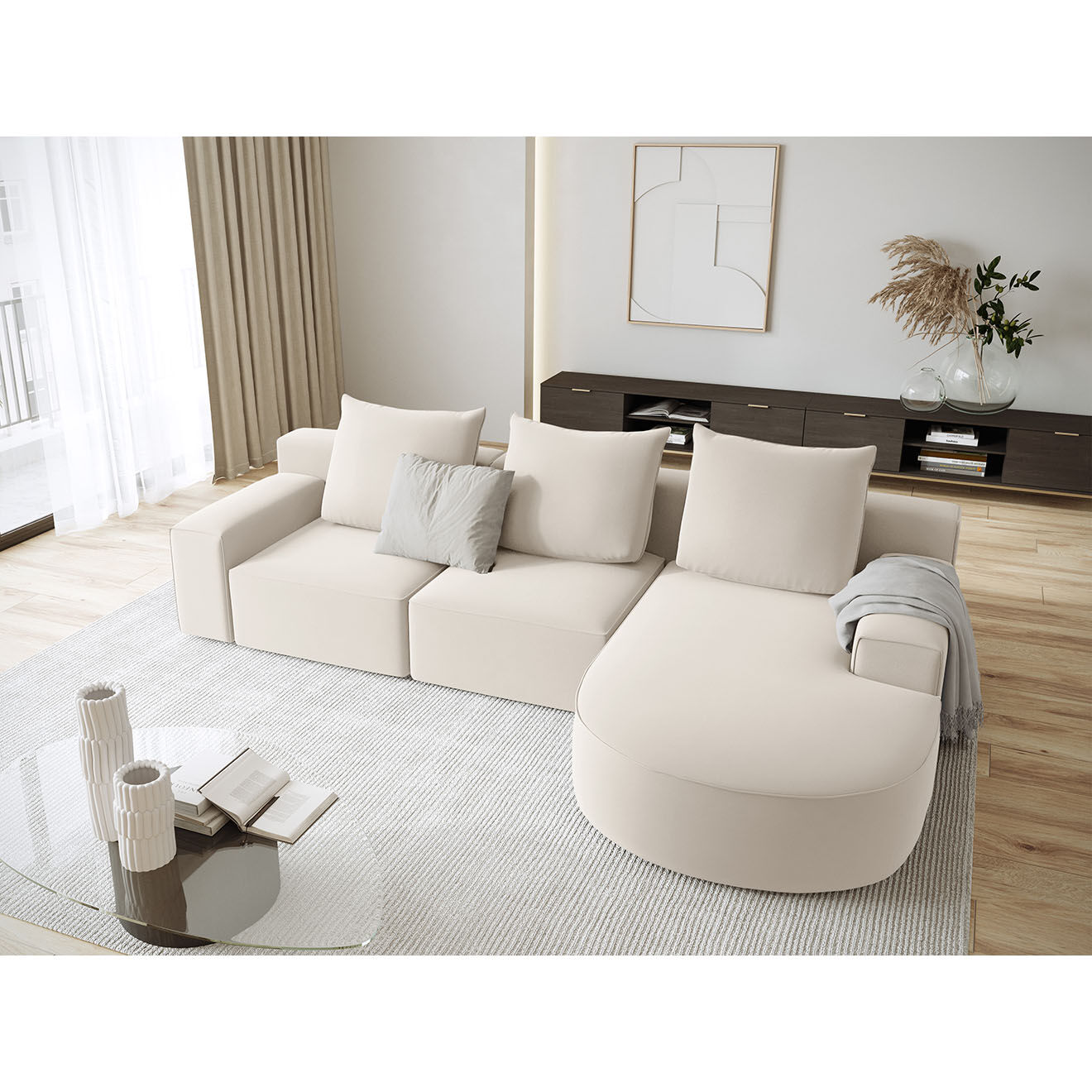 Mazzini Sofas Canapé d'angle droit arrondi en velours Ivy 5 Places beige - 285x180x89 cm