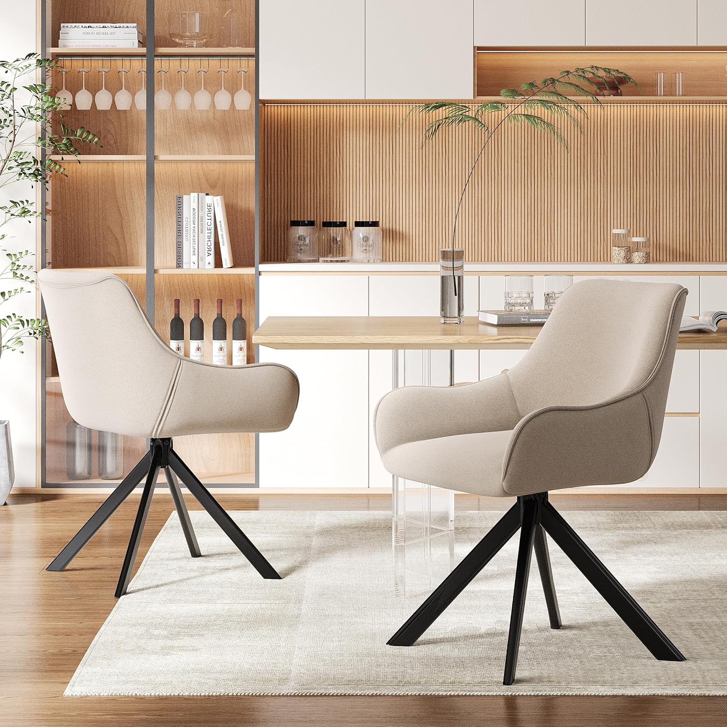 Esszimmerstühle Drehbar 2er Set mit Armlehne – 360°Drehbar Polsterstuhl Leinen Modern Drehstuhl Küchenstuhl mit Metallgestell und Rückenlehne für Esszimmer, Wohnzimmer, Büro, Beige