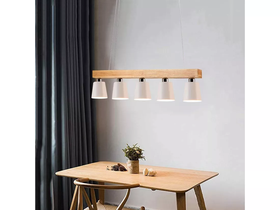 NETTLIFE Suspension 5 ampoules E27 blanc moderne Métal et bois lampe de salle à manger Diam.102cm pour cuisine salon couloir hôtel