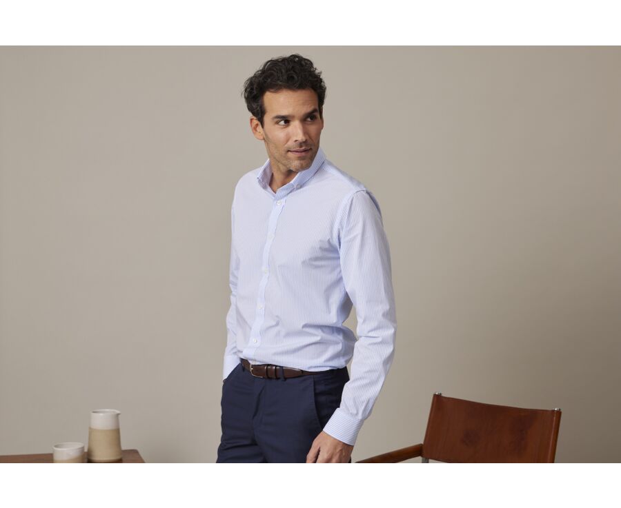 Chemise coton rayures bleues claires et blanches - Col américain - MARLOW