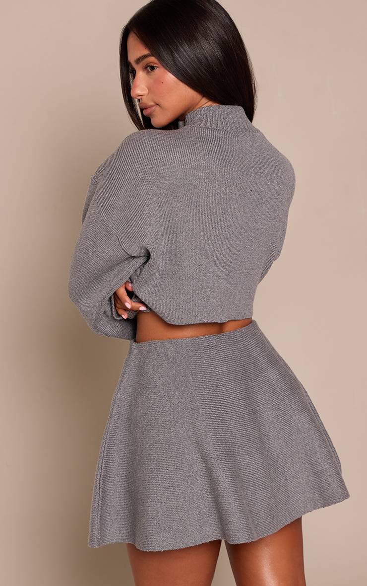 Gris Chiné Mini Jupe Fluide En Maille Côtelée Petite Taille