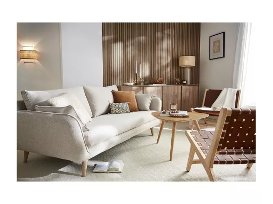 Canapé scandinave 3 places en tissu beige et bois clair CREEP
