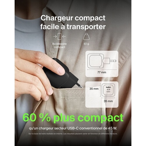 Chargeur pour téléphone mobile Belkin secteur USB-C 45W, avec câble d'un mètre USB-C vers USB-C inclus, noir.