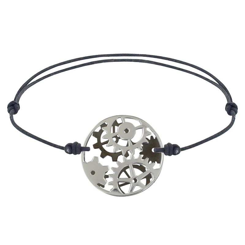 Bracelet Lien Homme Rouages Médaille Réversible Argent et Ruthénium - Gris
