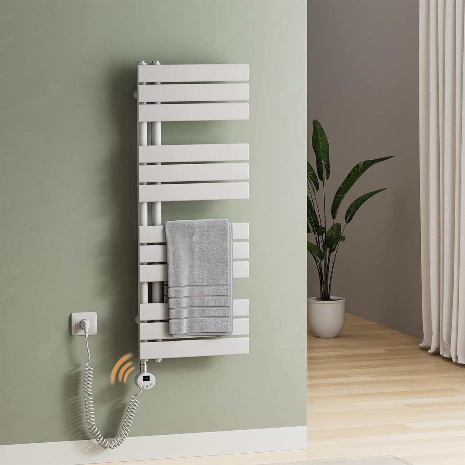 S'AFIELINA Smart WiFi Badheizkörper elektrisch 1041×400cm – Elektrischer Handtuchheizkörper mit Thermostat, 7×24h Timer, LCD, Flachrohre, seitliche Handtuchhalterung, Weiß, 400W