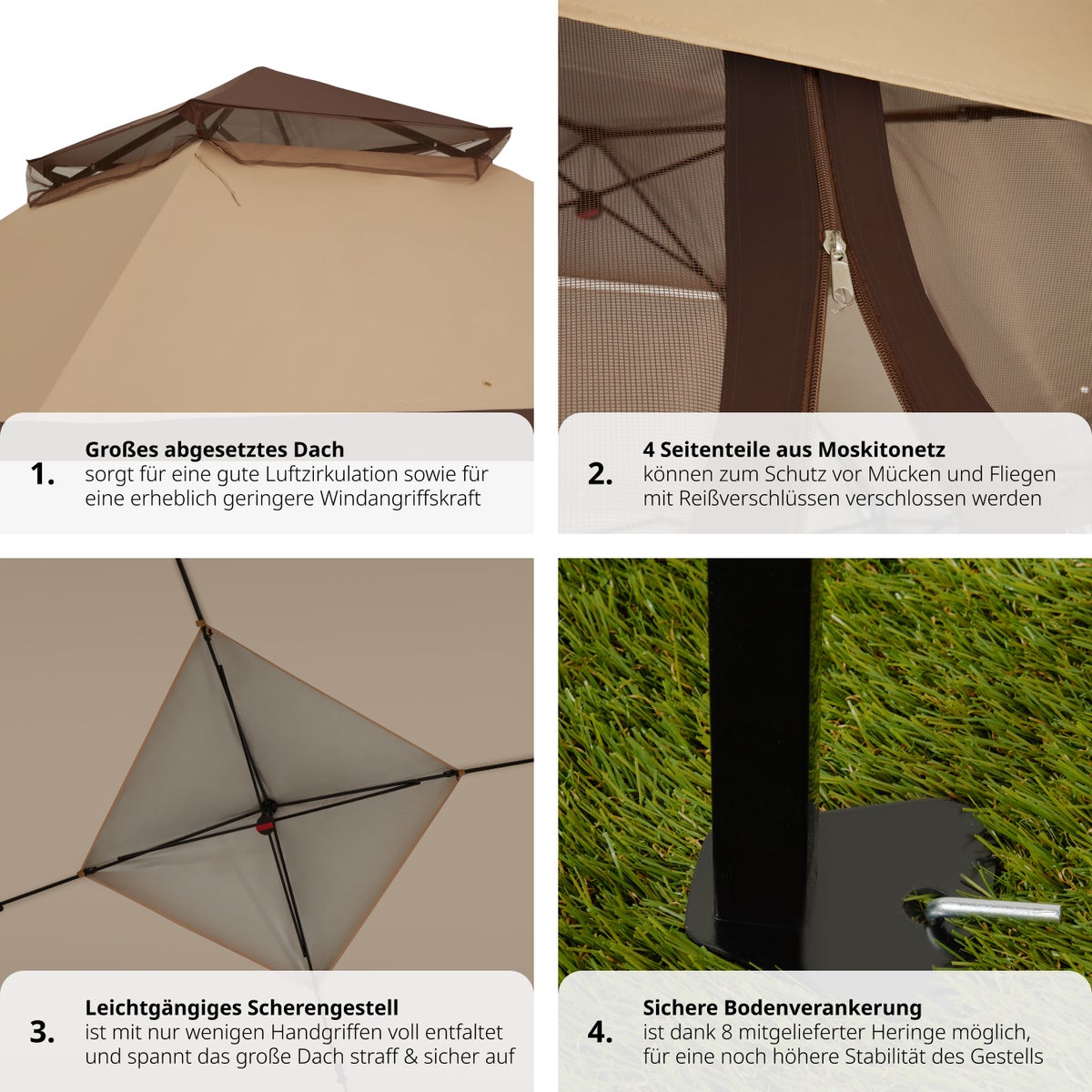 Opvouwbaar paviljoen tectake Carabobo 3,64 x 3,64 x 2,94 m inclusief scheerlijnen, haringen en draagtas