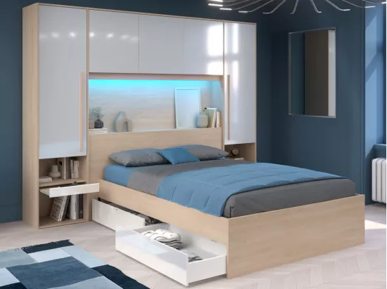 Lit pont 140 x 190 cm avec rangements - avec LEDs - Coloris : Naturel et blanc brillant + Sommier + Matelas - VELONA