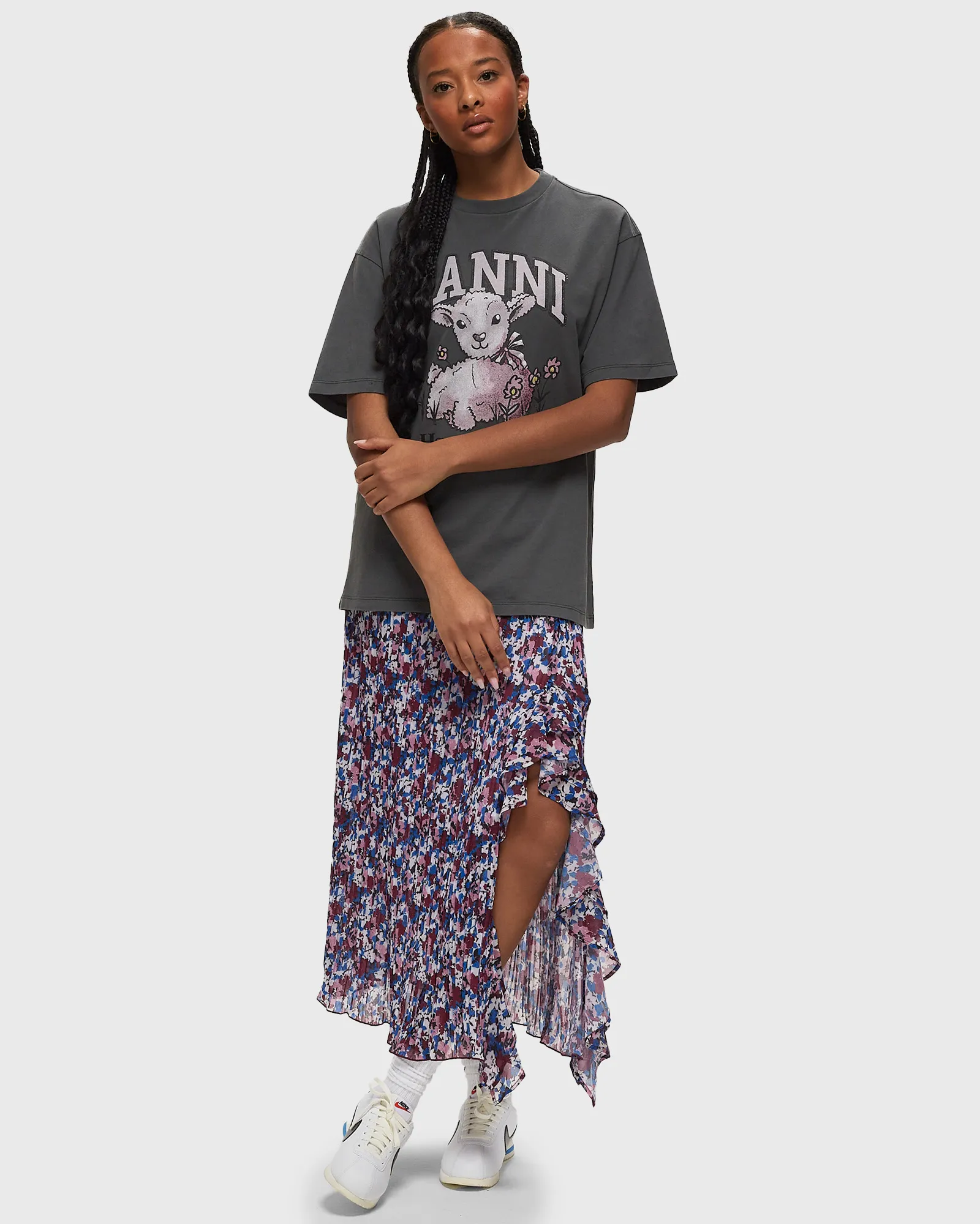 Ganni Pleated Georgette Midi Flounce Skirt