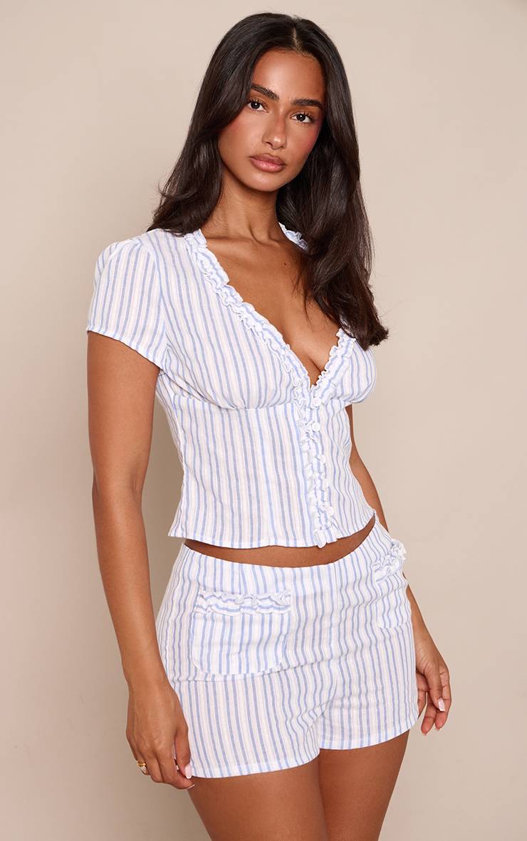 Bleu Layette Short Mini Coordonné À Rayures Avec Détail De Poche À Volants Aspect Lin Petite