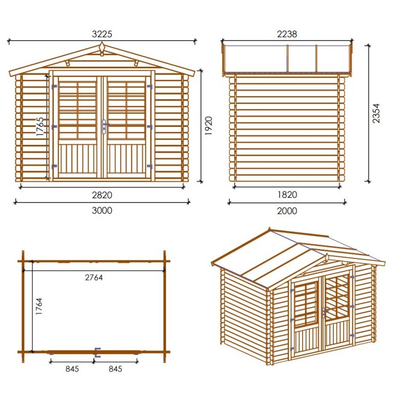 Abri de jardin en bois - 3x2 m - 12 m2 + terrasse avec balustrade et avant-toit en bois