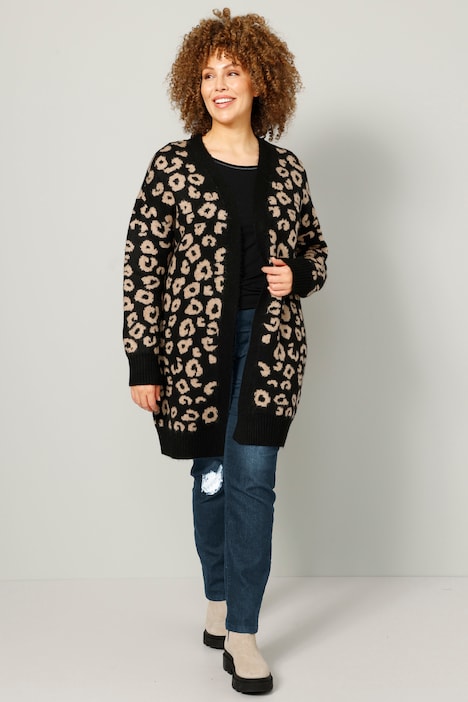 Strickjacke, Leomuster, offene Form, Langarm