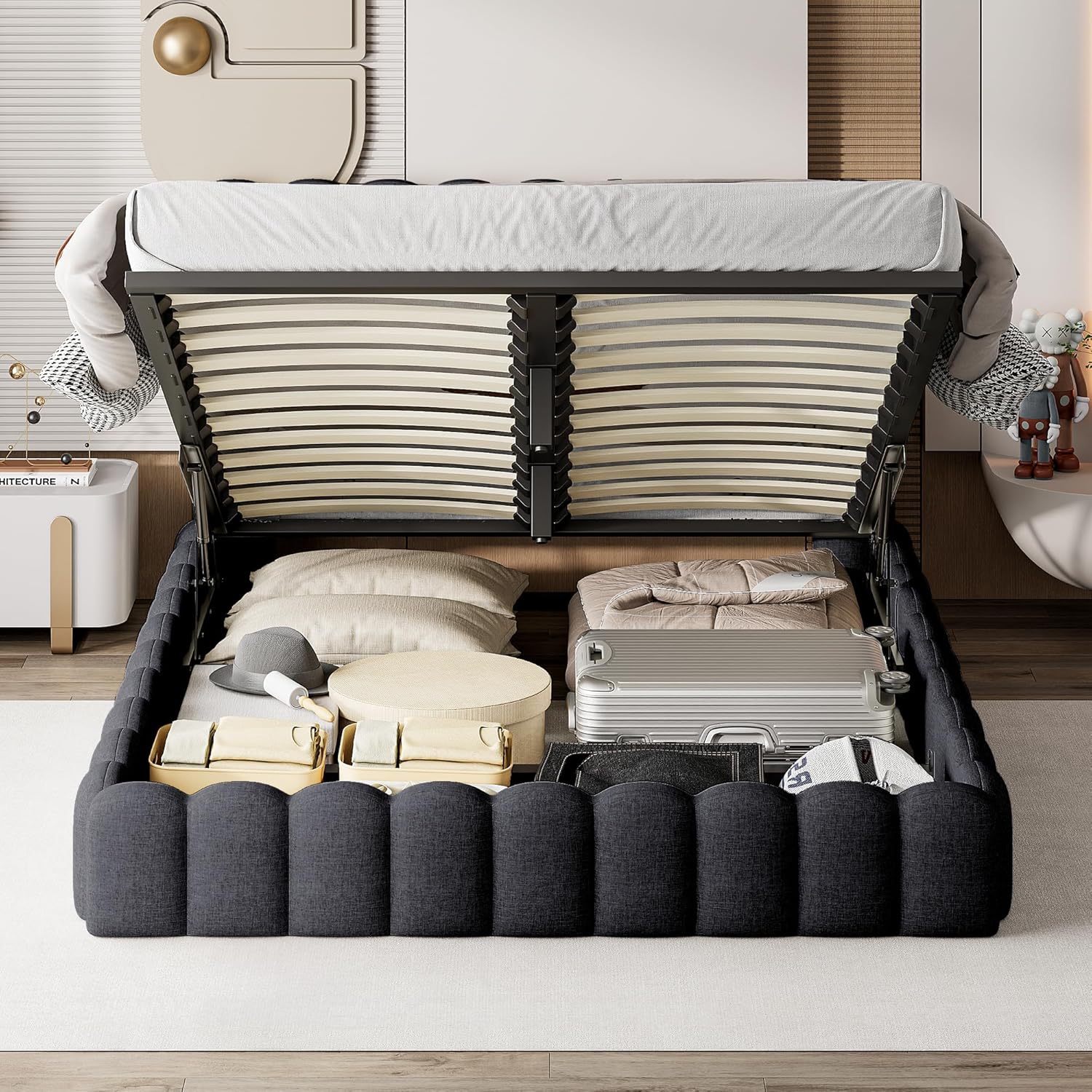 Bubble Bett 180x200 Mit Bettkasten, Polsterbett Doppelbett Mit Hydraulisch Stauraum, Stauraumbett Mit LED Und USB Ladefunktion, Jugendbett Bettgestell Mit Lattenrost, Leinen, Ohne Matratze, Grau