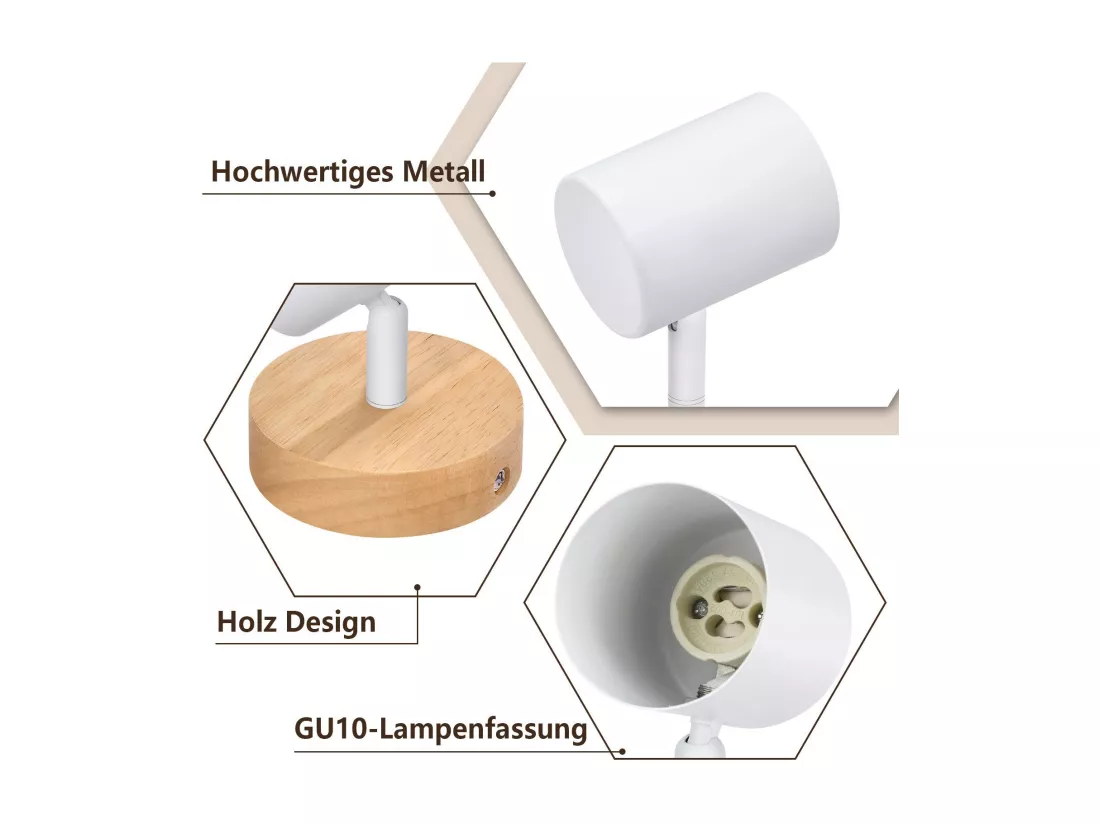 NETTLIFE Plafonnier LED 1 flamme - Blanc Plafonnier GU10 Spot pivotant Applique murale en bois Spot mural pour salon chambre Sans ampoule