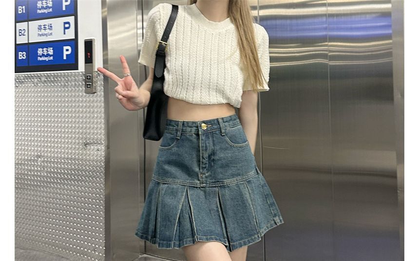 Elvik - High Rise Washed Plooi Mini A-lijn Denim Rok