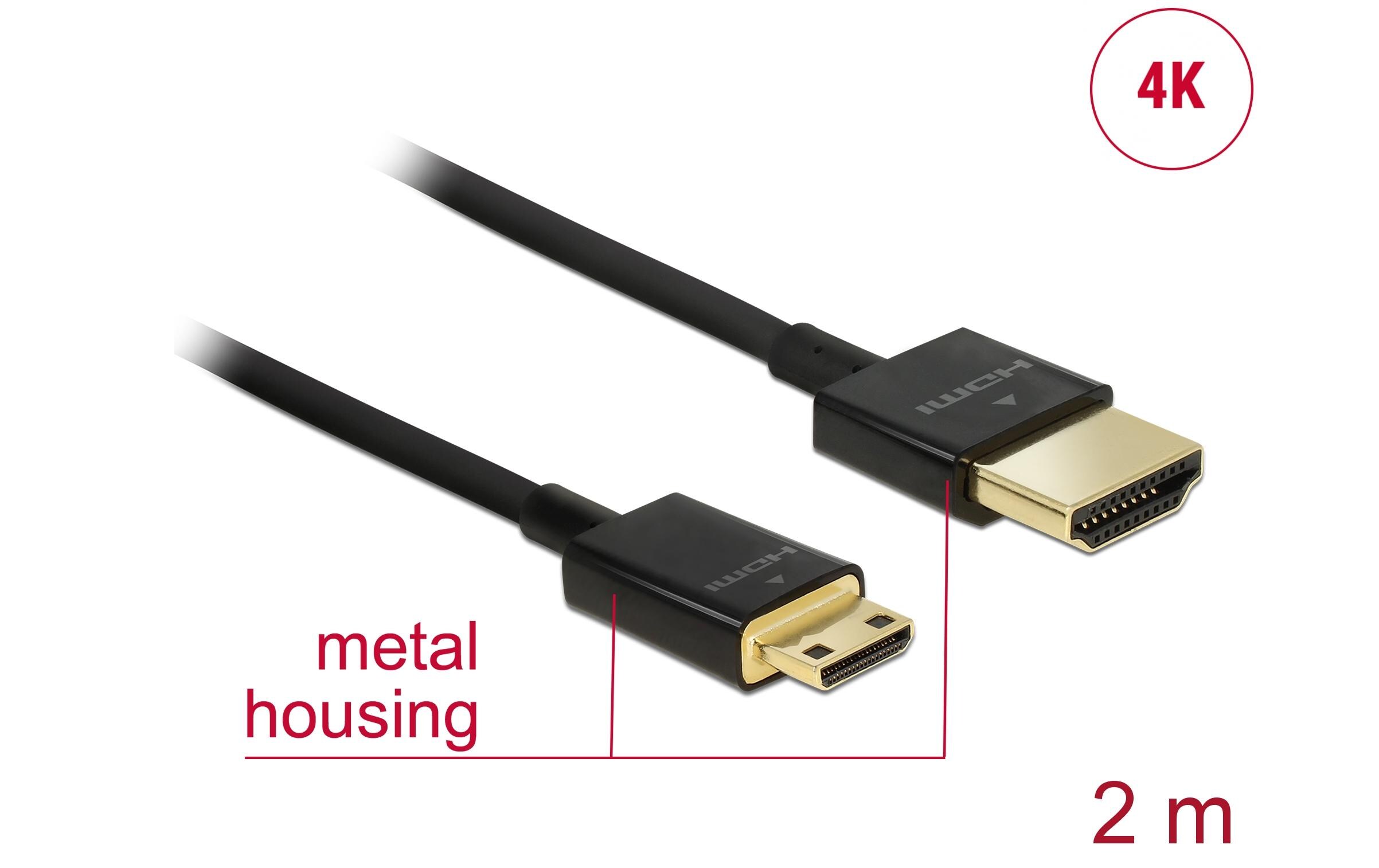 Kabel 4K 60Hz HDMI - Mini-HDMI (HDMI-C), 2 m, SchwarzDelock Kabel High Speed HDMI mit Ethernet – HDMI-A Stecker > HDMI Mini-C Stecker 3D 4K 2 m Slim High Quality