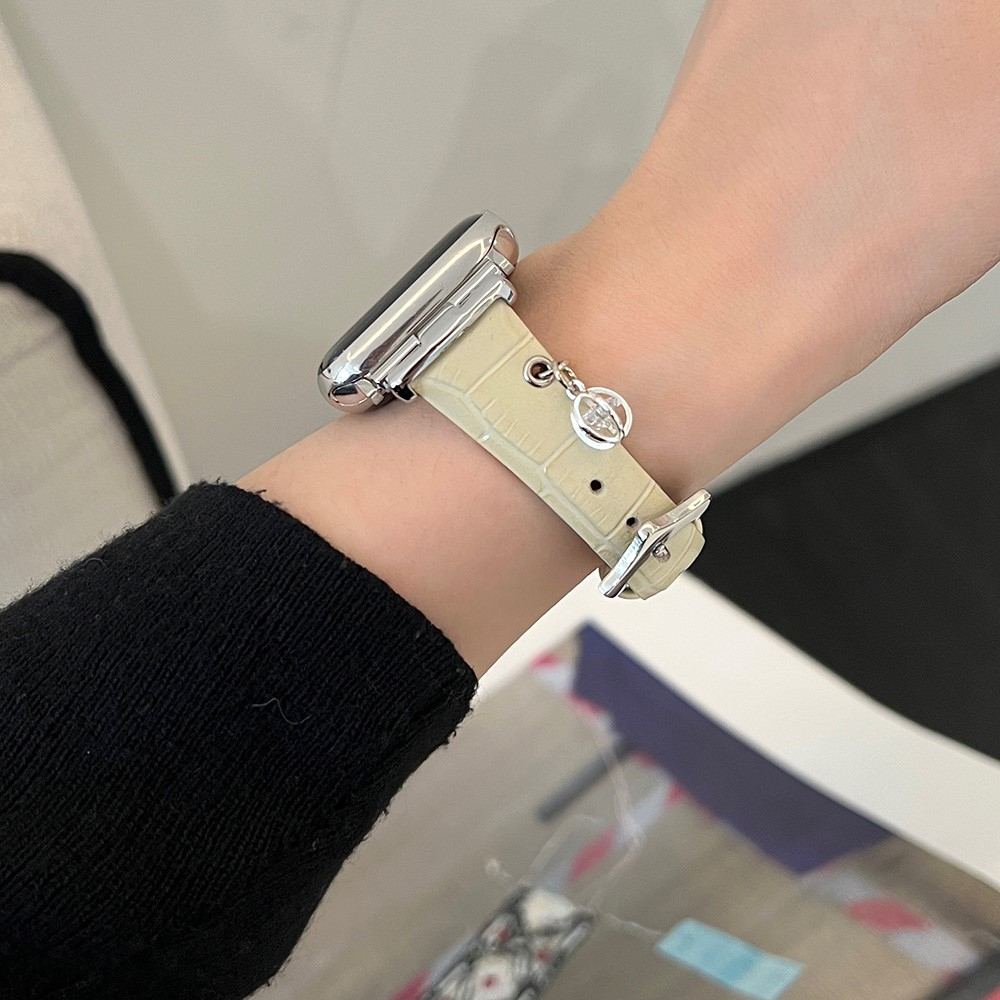 Apple Watch (42/41/40/38 mm) Echtleder Ersatz Armband mit Anhänger (Gelenkumfang 160 - 220 mm) - Apricot / Silber